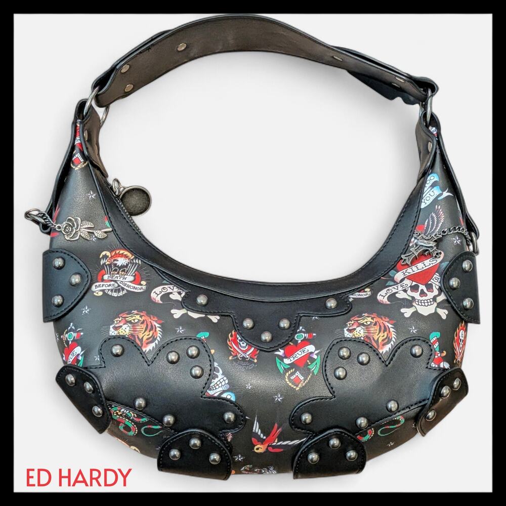New ED HARDY Tattoo Print Studded Hobo Shoulder Bag Black Gunmetal Hardware
